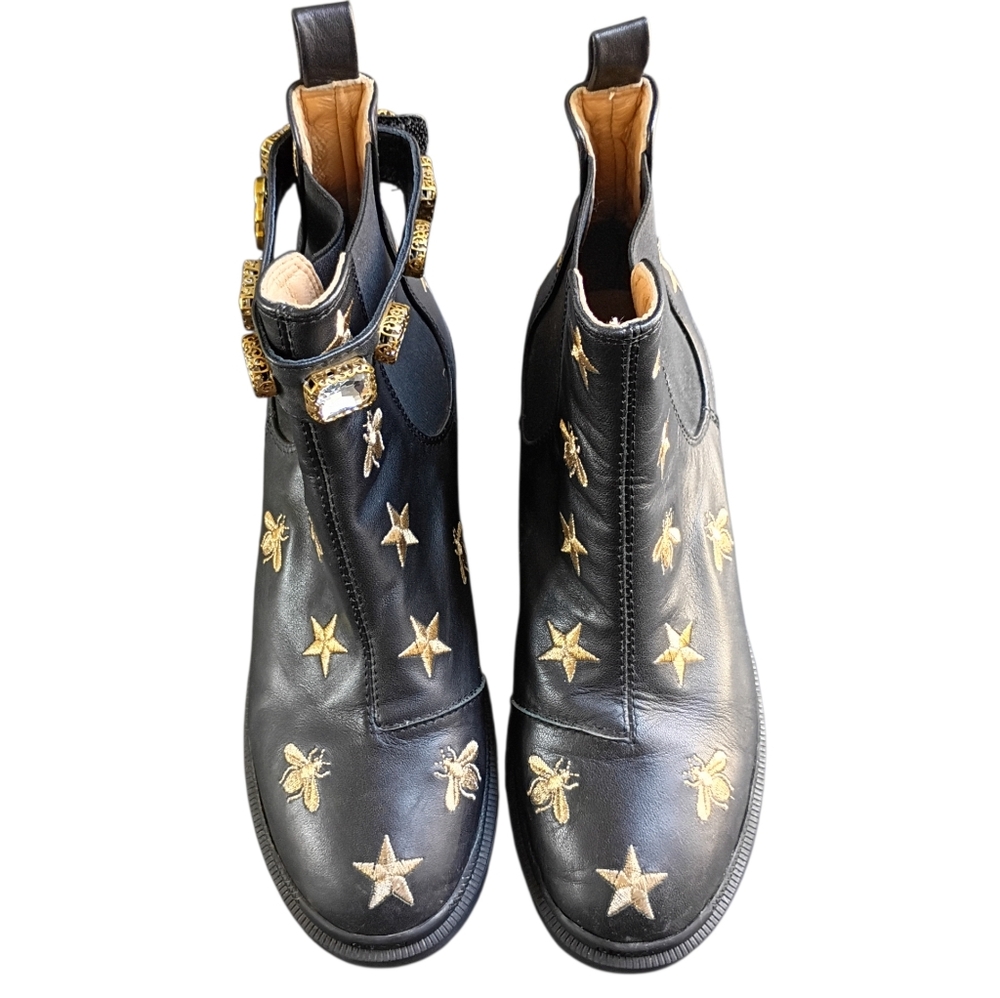 Gucci Stars and Bee Embroidered Leather Ankle Boots -Black Size 7.5 - 8 US - Picture 3 of 12
